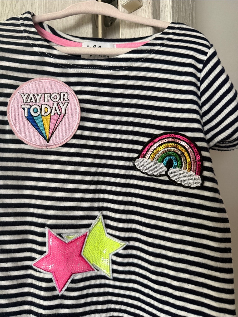 Lola + The Boys Black & White Striped Patch Pocket Dress with Colorful Patches - Picture 2 of 2